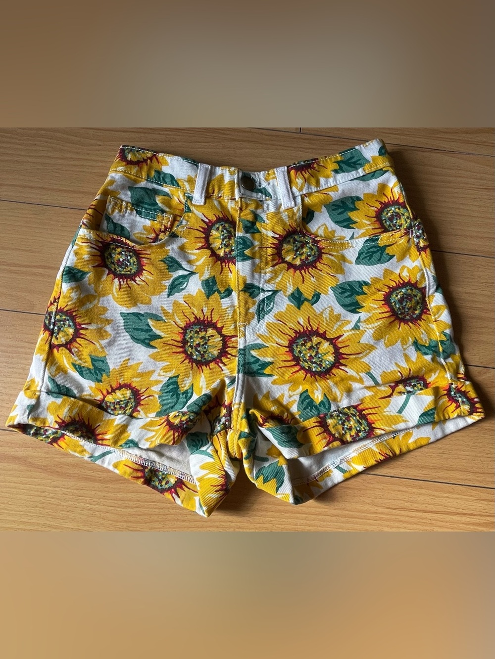 American Apparel Yellow Sunflower High-Waist Women’s Summer Camp Shorts